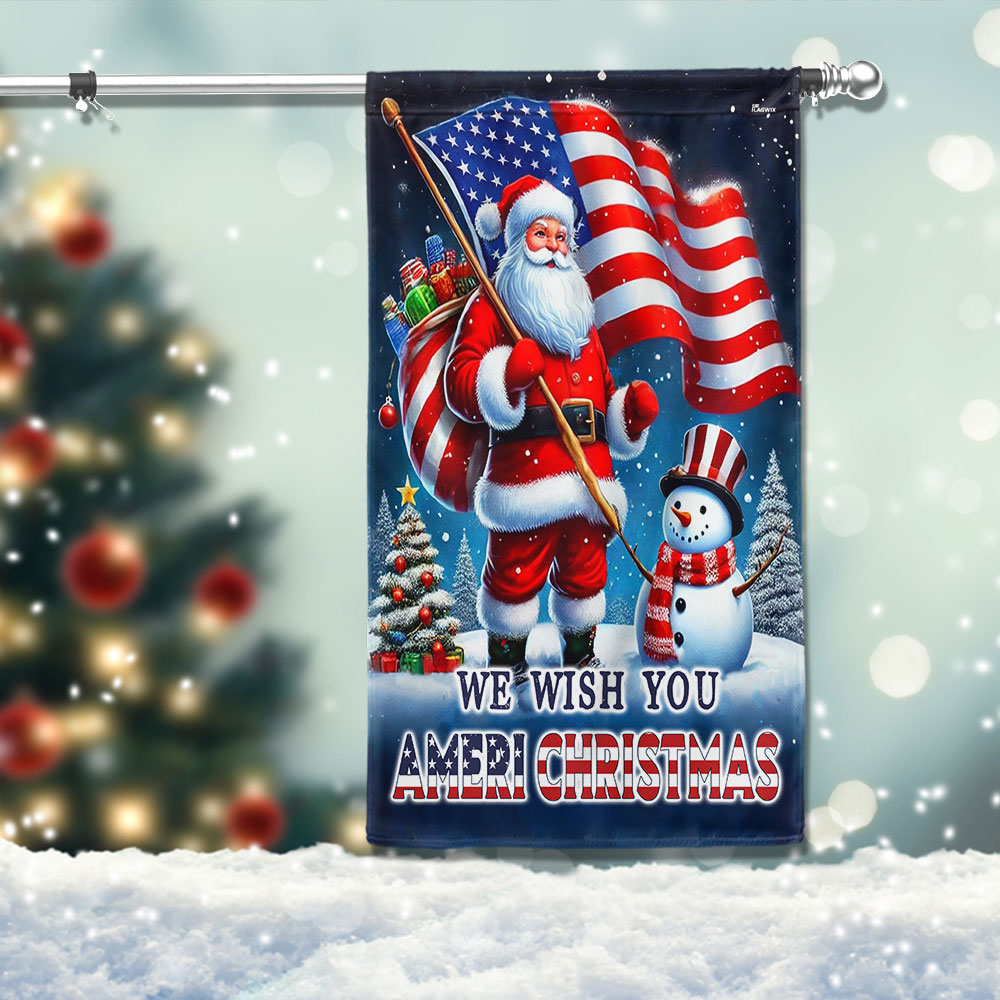 We Wish You Ameri Christmas Santa Claus And Snowman Flag