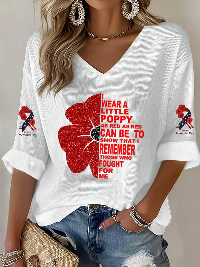 Wear A Poppy Long Sleeve V-Neck Shirt Memorial Day Tribute Patriotic Apparel Gift For Veteran