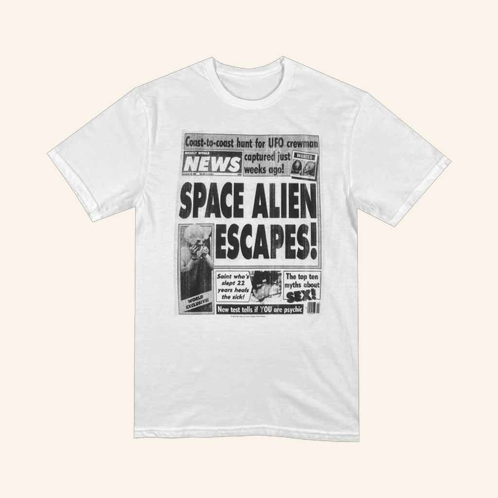 Weekly World News Merch Space Alien Escapes White T-Shirt Gift Ideas For Friend Weekly World News Merch Space Alien Escapes White T-Shirt Gift Ideas For Friend