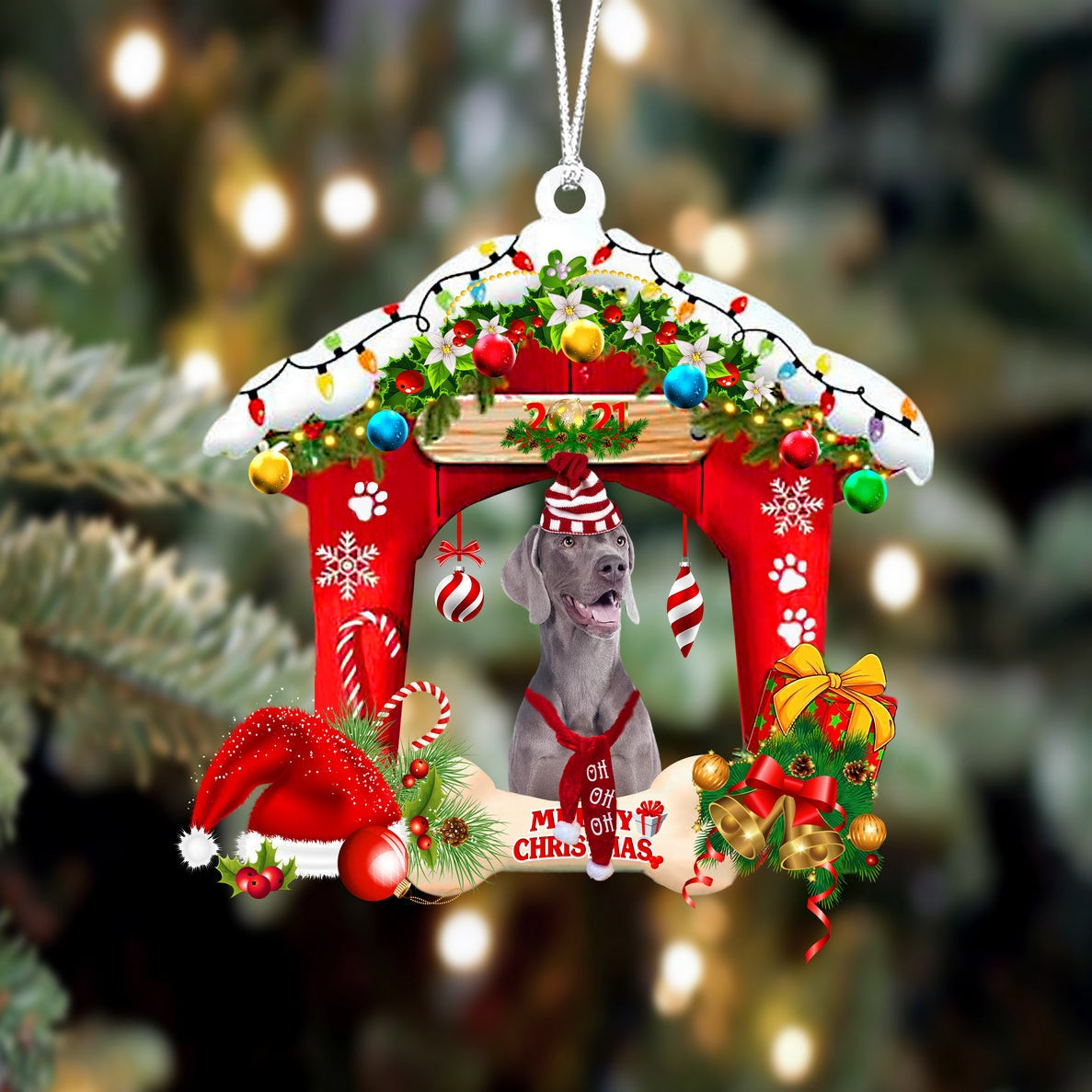 Weimaraner Christmas House Custom Shaped Two Sided Ornament