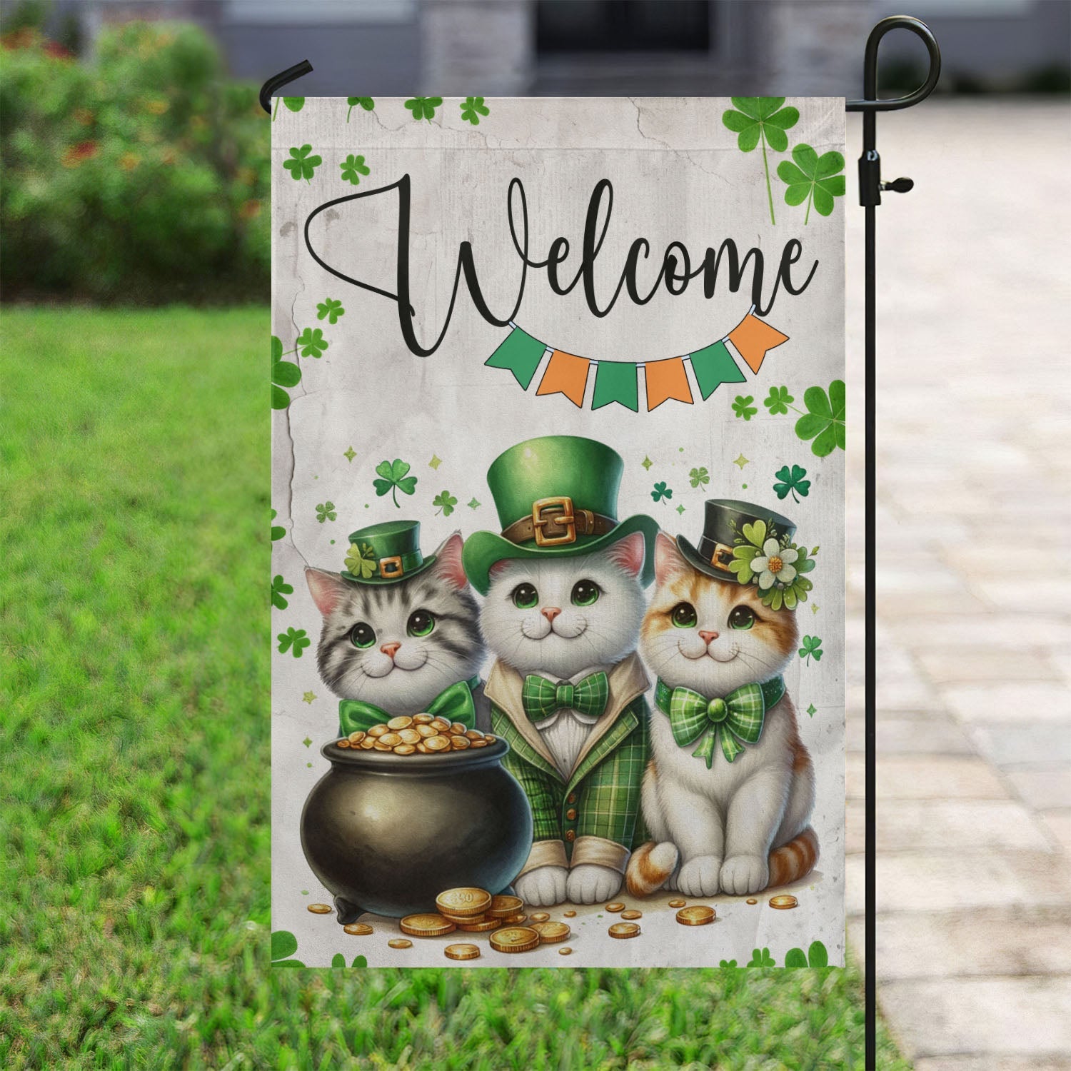 Welcome Cat Clovers St Patricks Day Flag Patricks Day Happy St Patrick's Day Gift For Cat Lovers