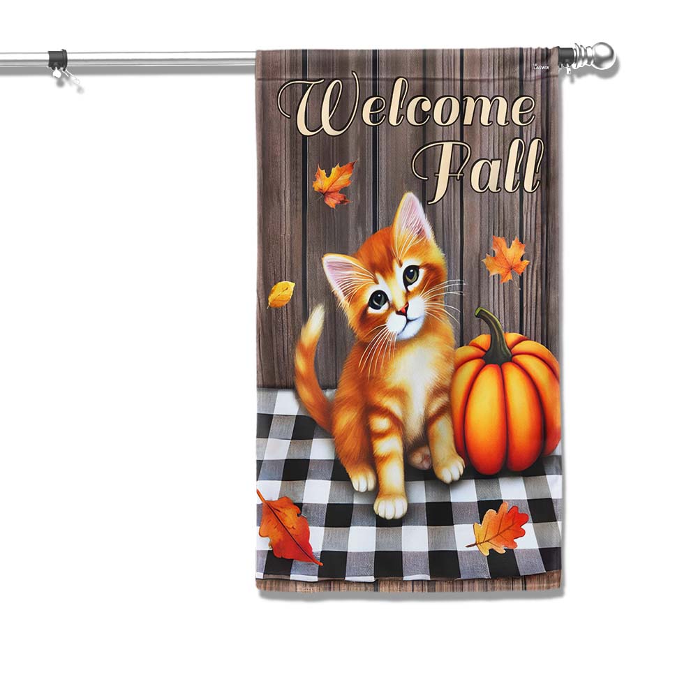 Welcome Fall Cat Pumpkin Autumn Thanksgiving Flag