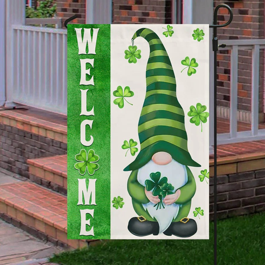 Welcome Gnome Garden Flag St Patricks Day Shamrock Clover Irish Outdoor Yard Decor Gift Ideas