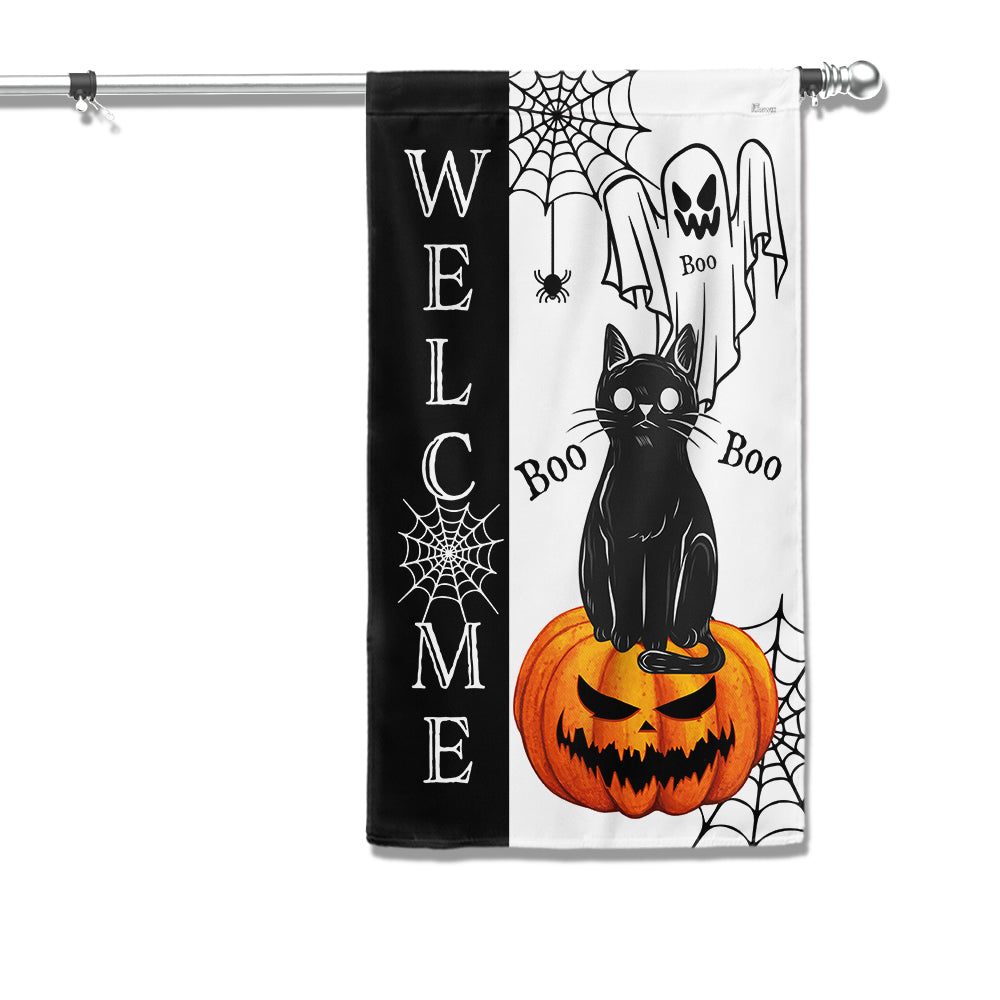Welcome Halloween Black Cat Pumpkin Flag