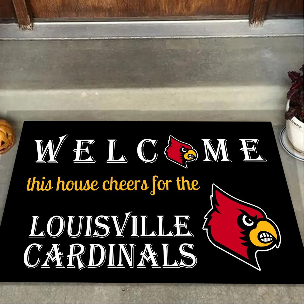 Welcome This House Cheers For The Louisville Cardinals Doormat Louisville Cardinals Merch Unique Football Gifts For Fans