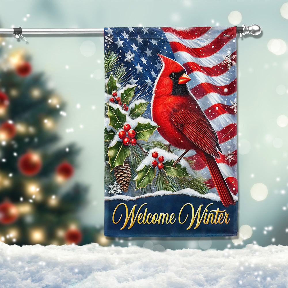 Welcome Winter Cardinal Bird Christmas American Flag