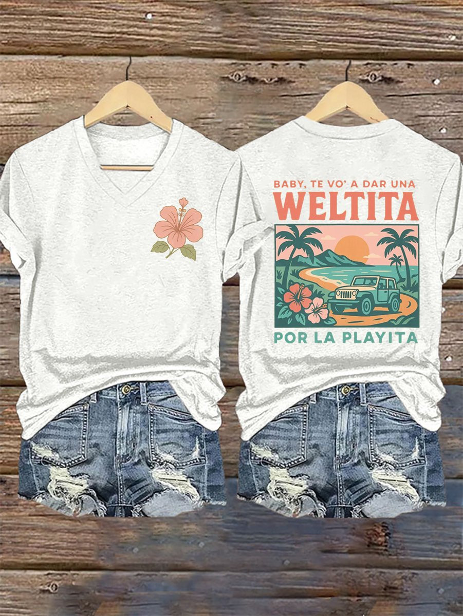 Weltita Por La Playita V-Neck Shirt Bad Bunny Dtmf Album Shirt Best Gifts For Girlfriend