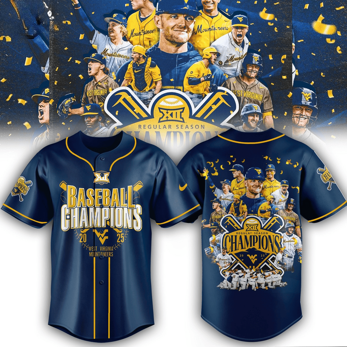 West Virginia Mountaineers Baseball Big 12 Champions 2025 Baseball Jersey Cool Baseball Gifts
