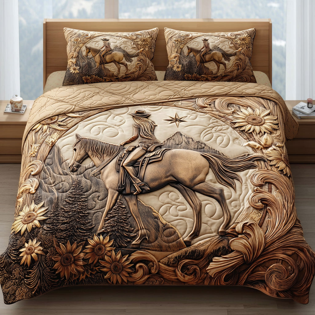 Western Bloom Quilted Bedding Set Cozy Bedroom Decor Wedding Gift For Horse Lovers