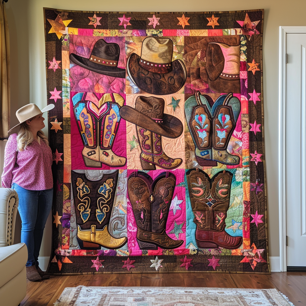 Western Boot Quilted Blanket Gift For Cow Lover