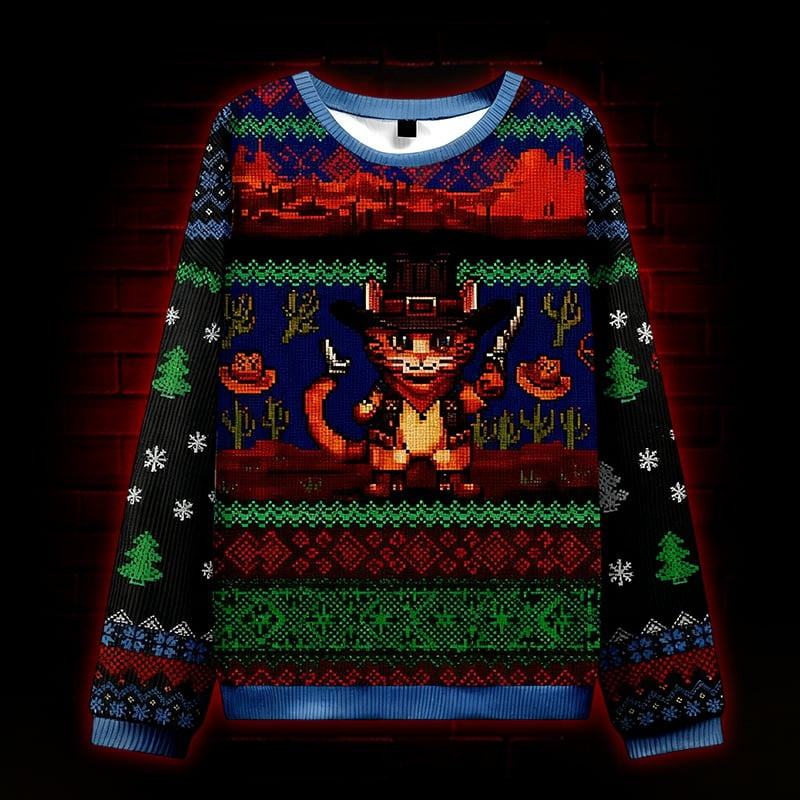 Western Cowboy Cat Ugly Christmas Sweater Best Xmas Clothing Gifts For Cat Lovers