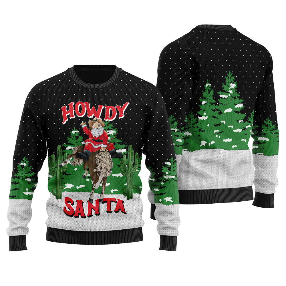 Western Cowboy Santa Ugly Christmas Sweater Black Funny Xmas Sweater for Ugly Sweater Parties