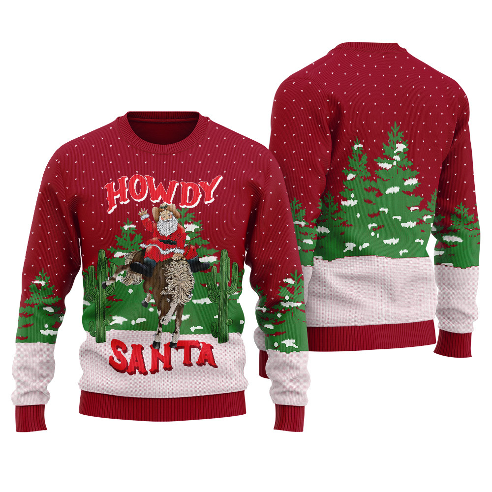 Western Cowboy Santa Ugly Christmas Sweater Cardinal Red Personalized Christmas Sweatshirt Gift for Family