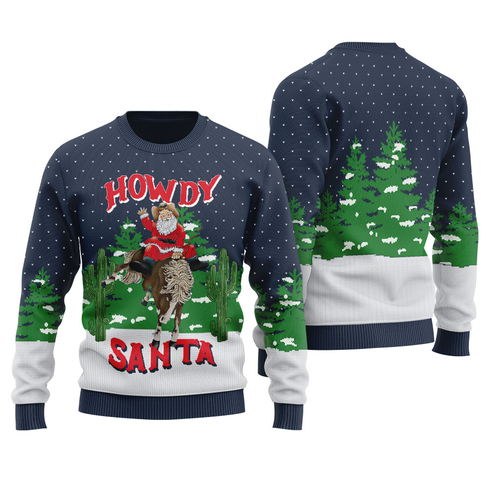 Western Cowboy Santa Ugly Christmas Sweater Navy Funny Xmas Sweater for Ugly Sweater Parties