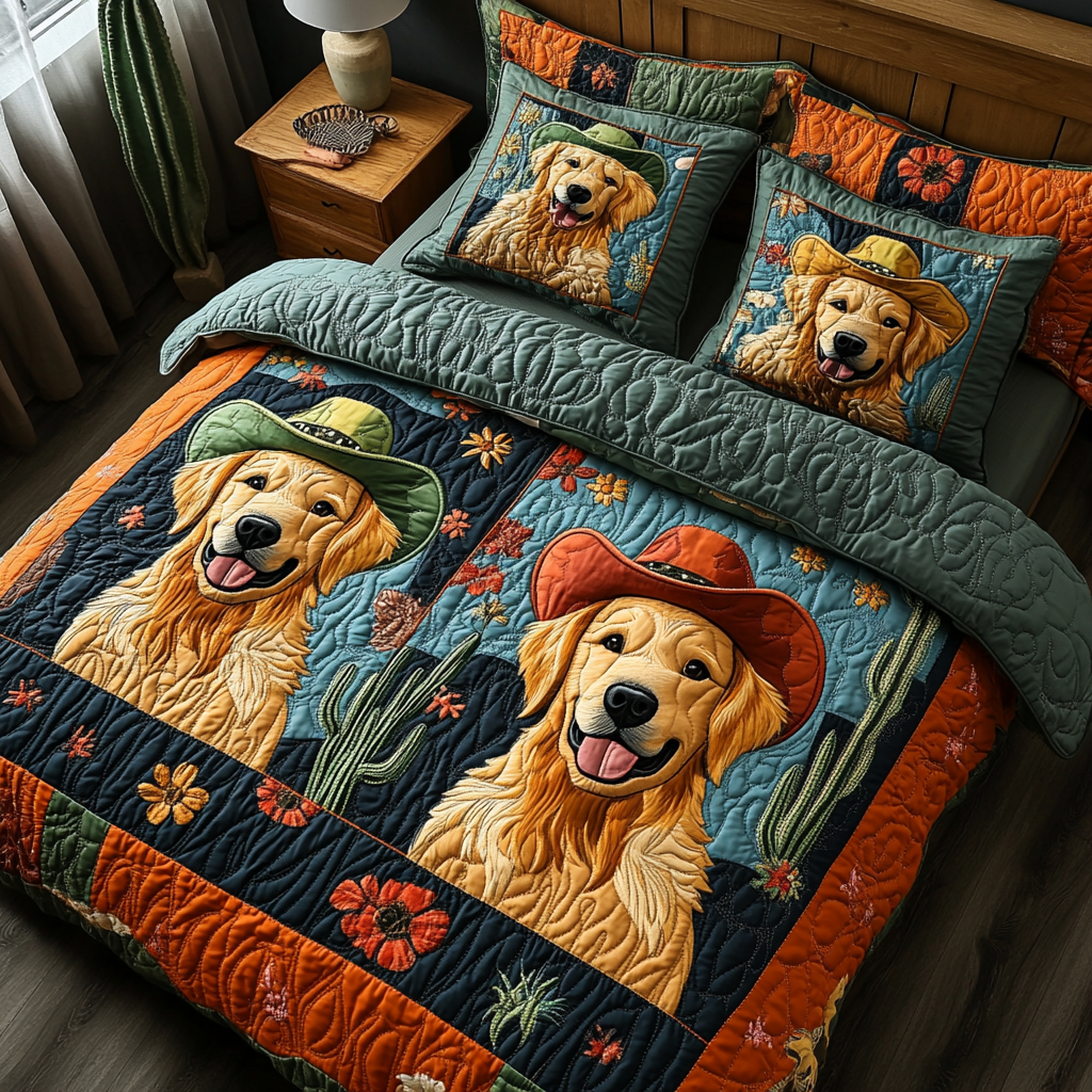 Western Fur Quilted Bedding Set Bed Decor Gifts For Someone Who Loves Golden Retrievers