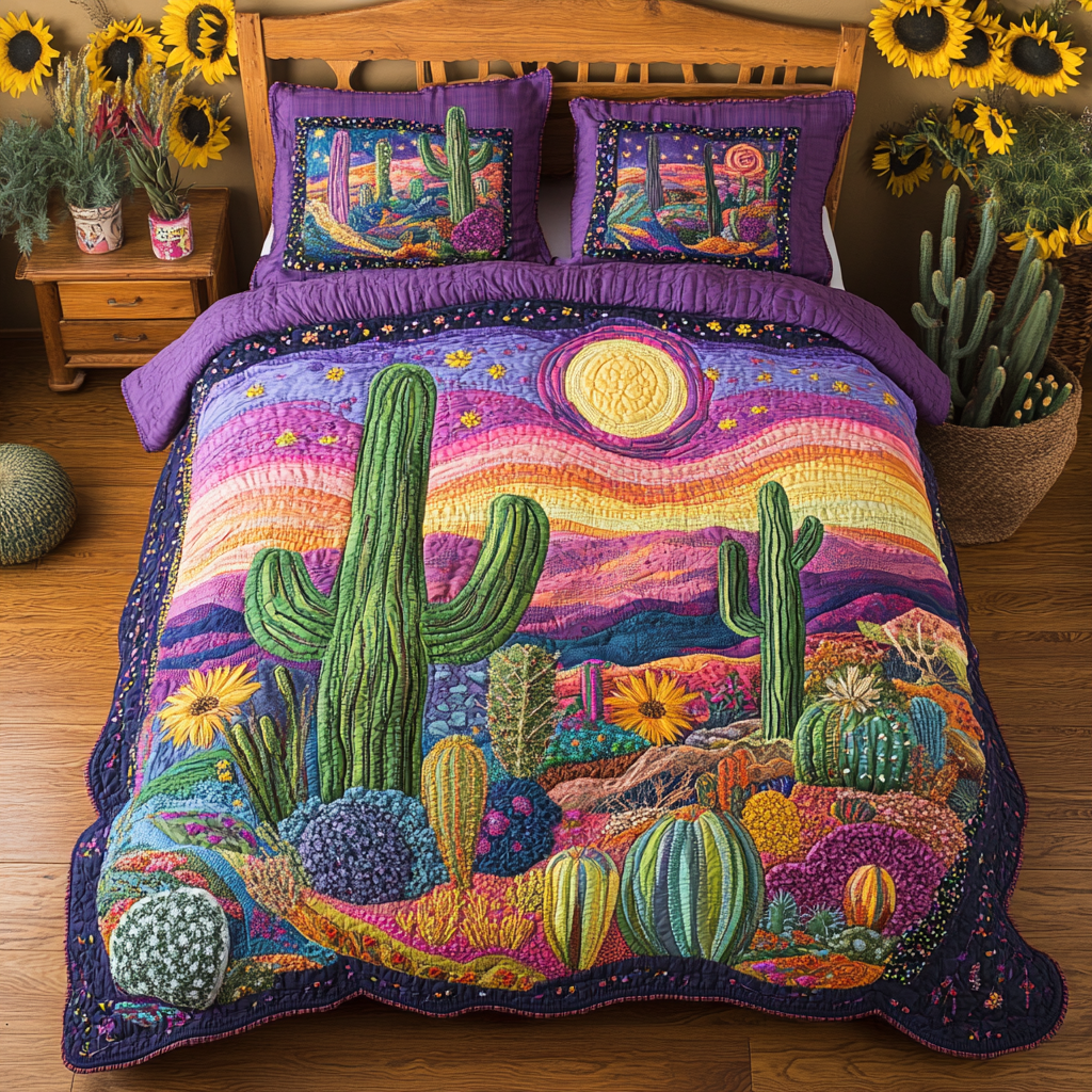Western Glow Quilted Bedding Set Unique Bed Sheet Set Novelty Cactus Gifts