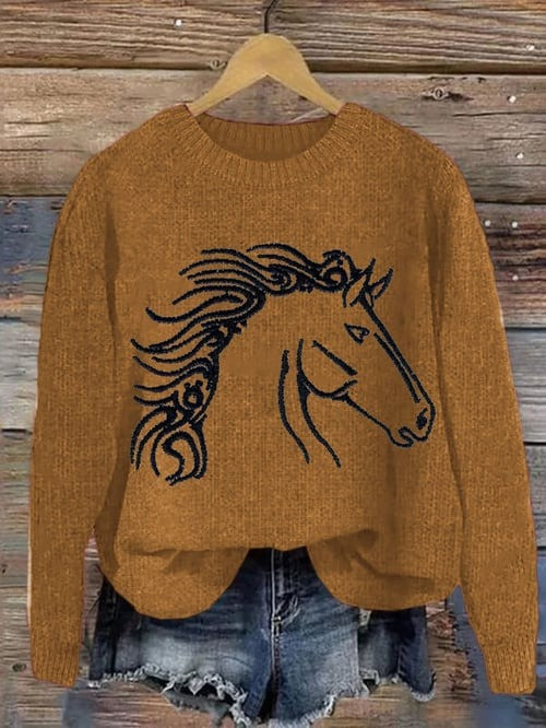 Western Horse Sweater Animal Graphic Print Sweater Xmas Holiday Presents For Horse Lovers