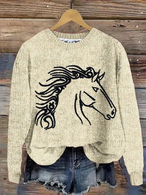 Western Horse Sweater Animal Graphic Print Sweater Xmas Holiday Presents For Horse Lovers