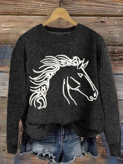 Western Horse Sweater Animal Graphic Print Sweater Xmas Holiday Presents For Horse Lovers