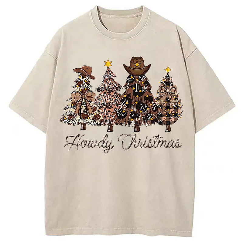 Western Howdy Christmas Tree Washed T-Shirt Unisex Streetwear Graphic Style Gifts For Her