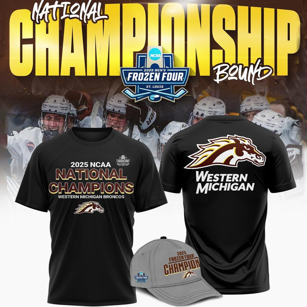 Western Michigan Broncos National Champions 2025 Shirt And Hat Hockey Frozen Four Fan Merch