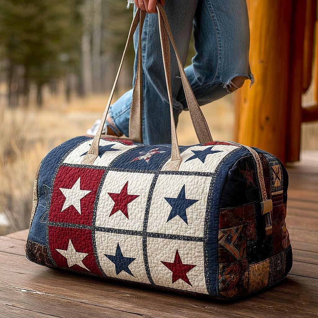 Western Patch Quilted Duffle Bag Patriotic Stars Red White Blue Travel Bag Best Gift For Western Lovers