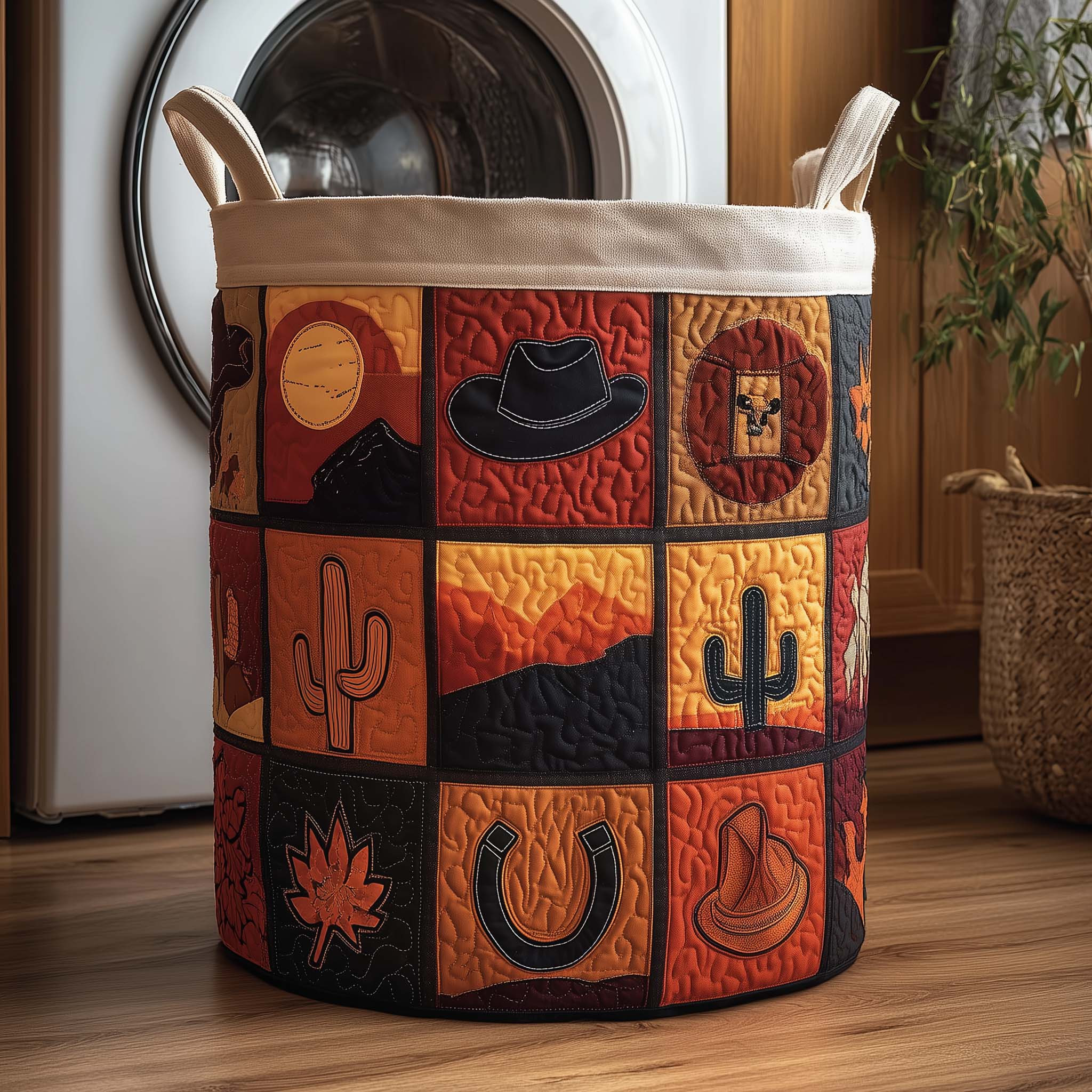 Western Patchwork Quilted Laundry Basket Vintage Themed Best Home Decor Gifts For Father