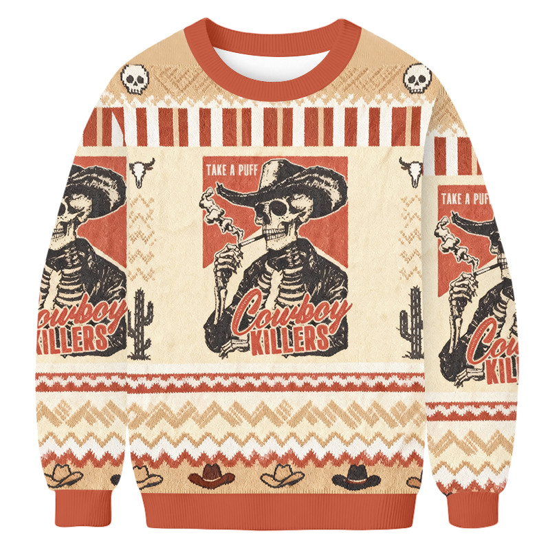 Western Smoking Skeleton Ugly Sweater Holiday Apparel Xmas Gifts For Boyfriend