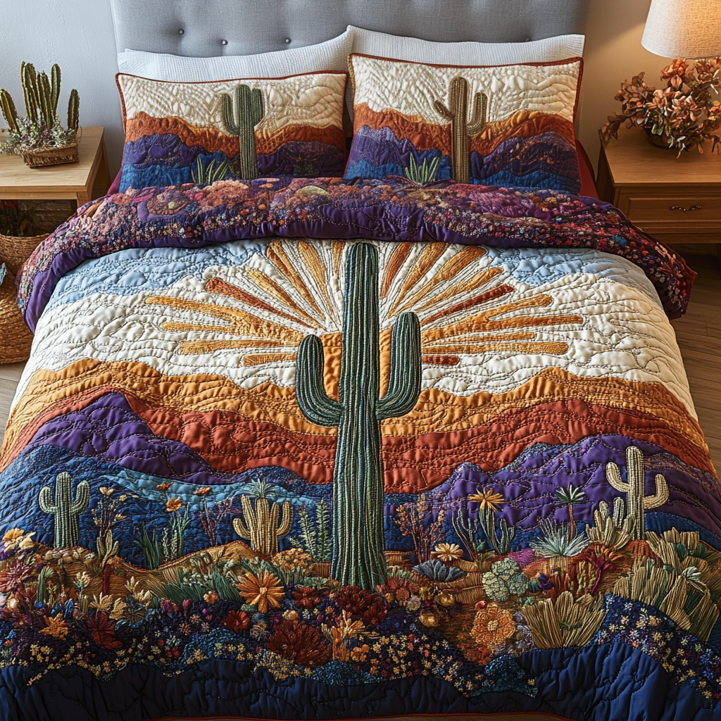 Western Spirit Quilted Bedding Set Holiday Duvet Cover Set Cactus Themed Gifts