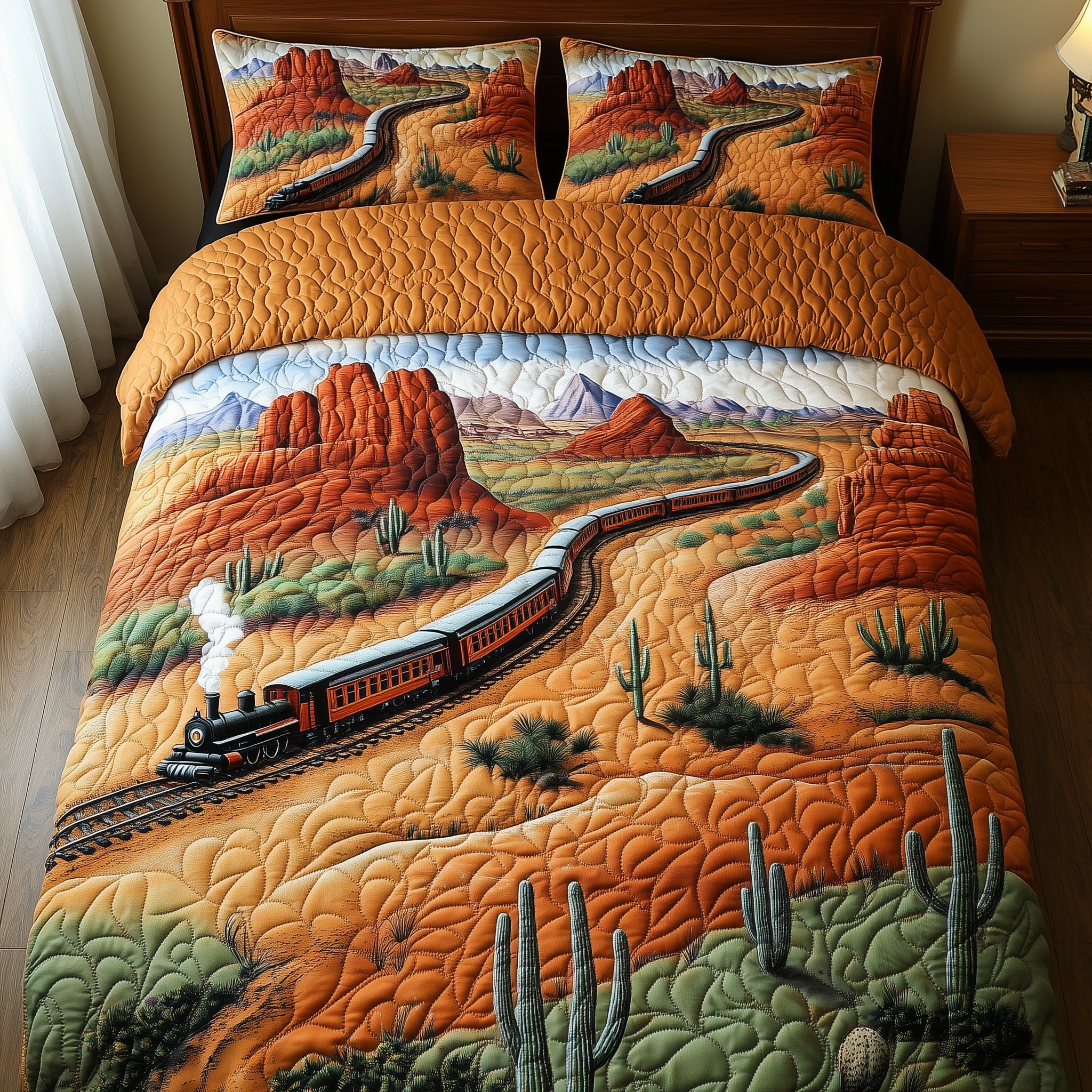 Western Train Trail Quilted Bedding Set Duvet Cover Merchandise Gifts For Train Enthusiasts