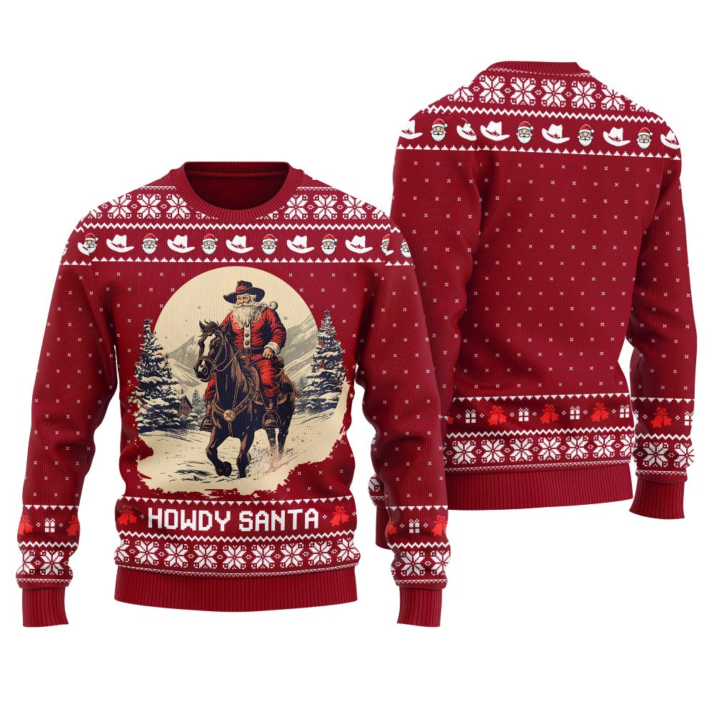 Western Ugly Christmas Sweater Howdy Santa Red Funny Xmas Sweater for Ugly Sweater Parties