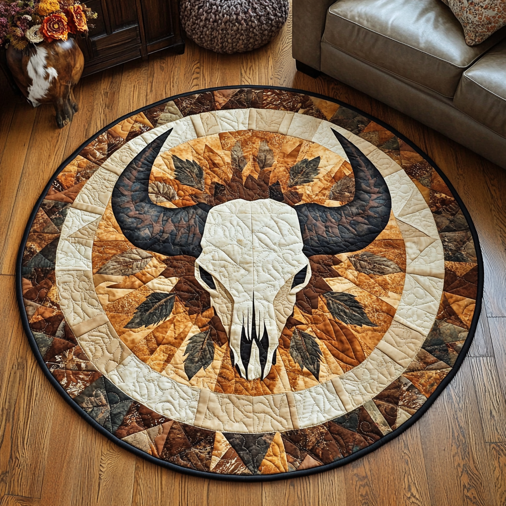 Western Vibe Quilted Round Mat Christmas Entryway Decor Skull Gifts For Men Women