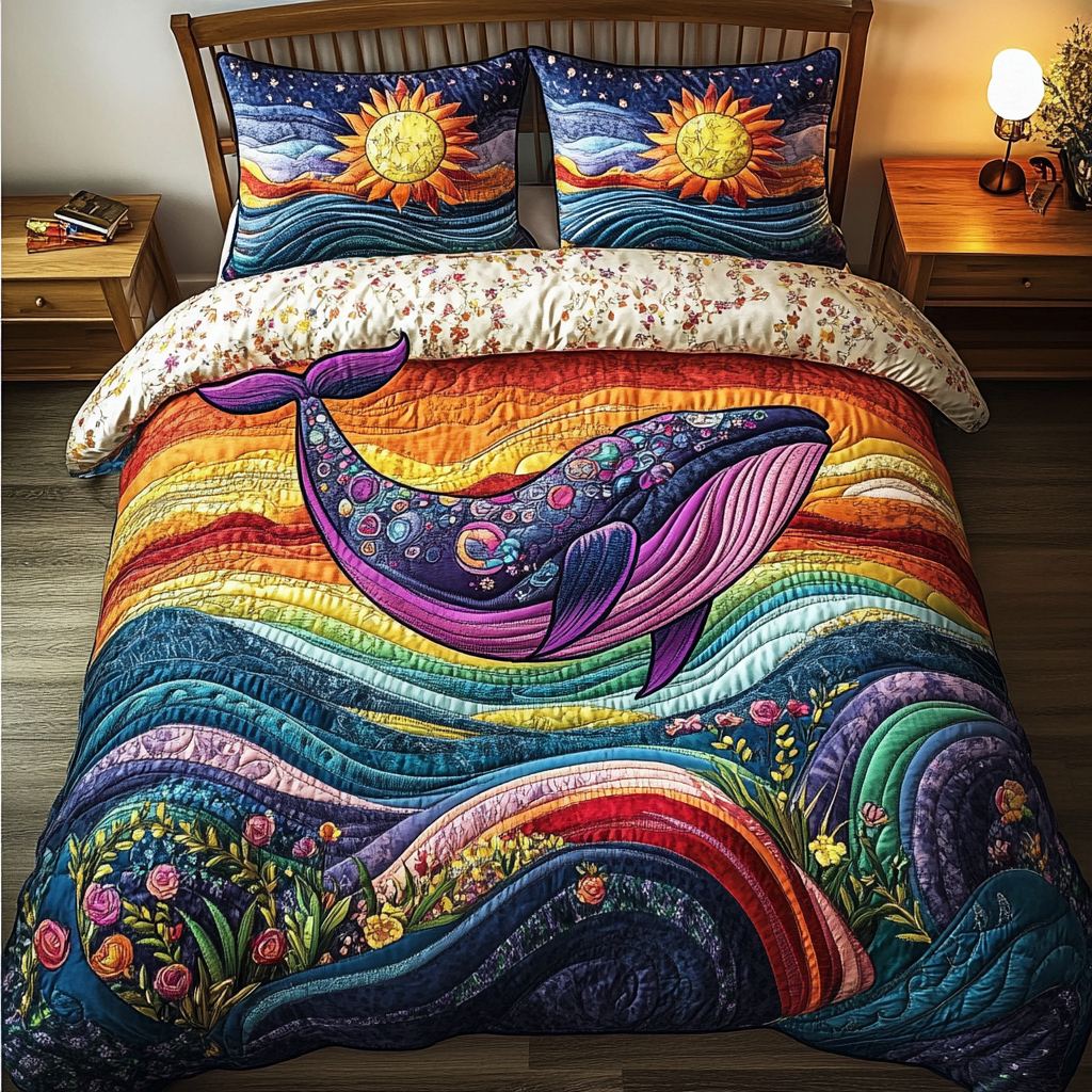Whale Horizon Quilted Bedding Set Cute Bedroom Decor Gift For Whale Lover