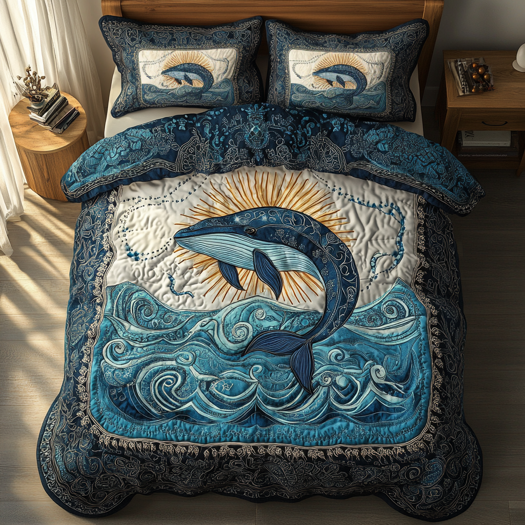 Whale Journey Quilted Bedding Set Cute Room Decor Whale Gifts For Adults