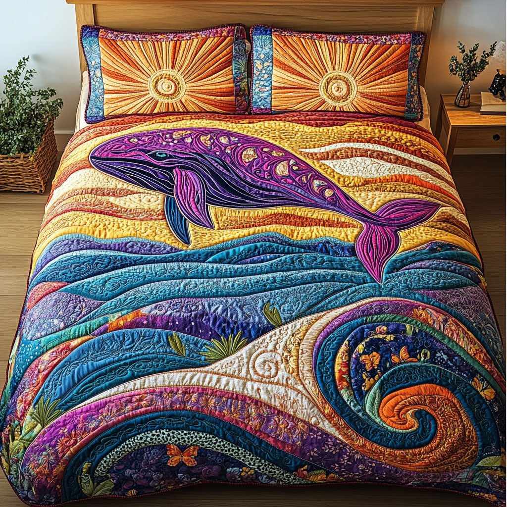 Whale Splash Quilted Bedding Set Holiday Duvet Cover Set Gift For Whale Lover