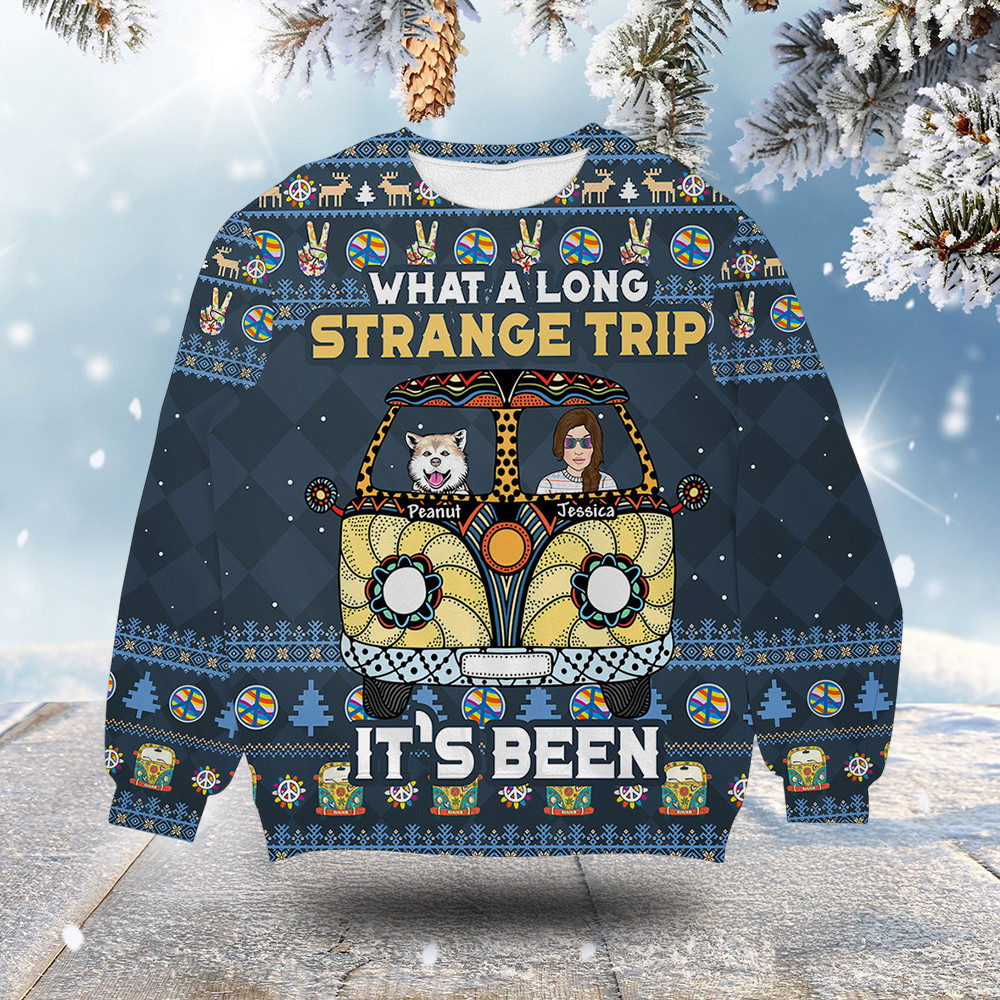 What A Long Strange Trip Ugly Christmas Sweater Dog And Her Christmas Presents For Dog Owners