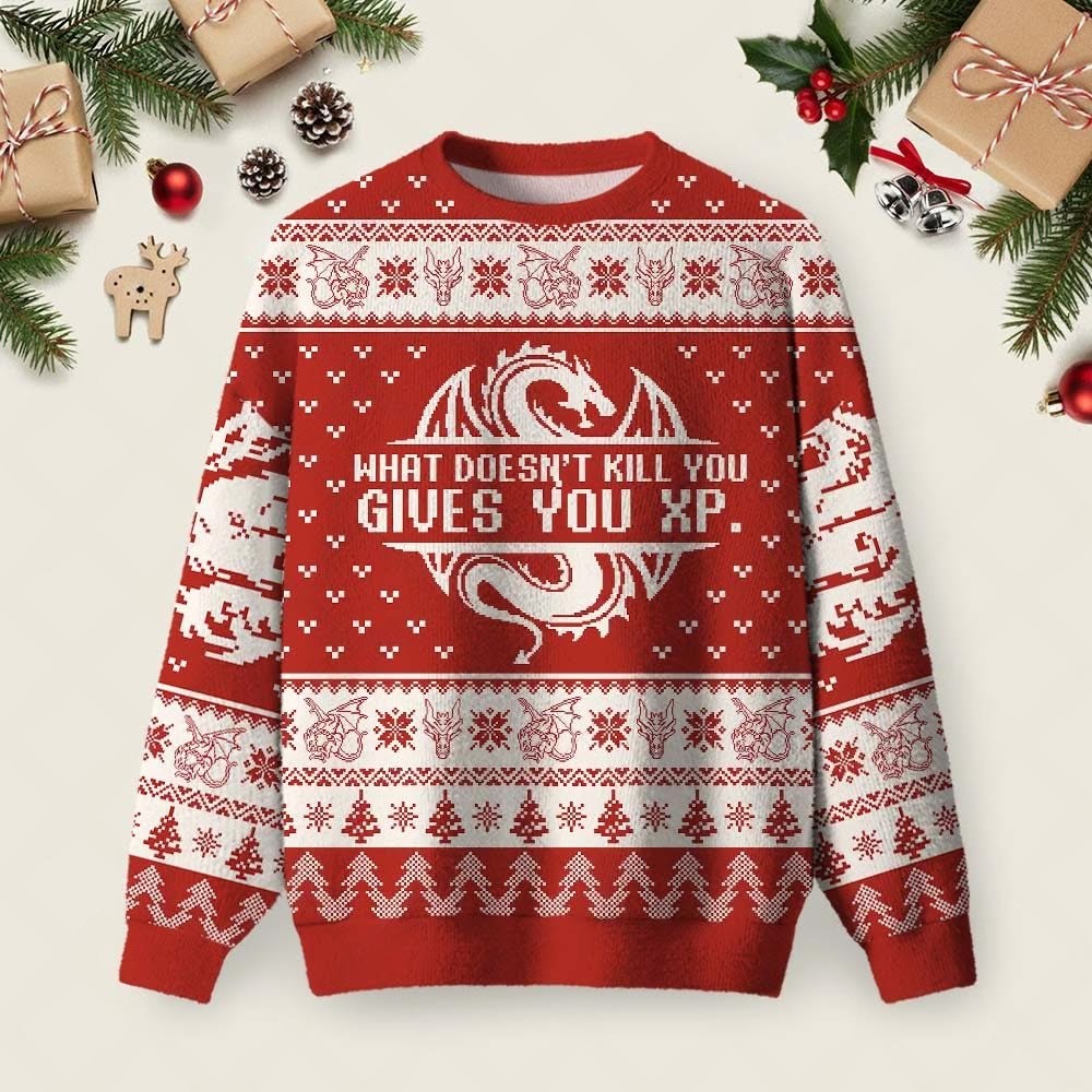 What Doesn't Kill You Gives You XP Christmas Ugly Sweater Dungeons and Dragons Merch Xmas Gifts