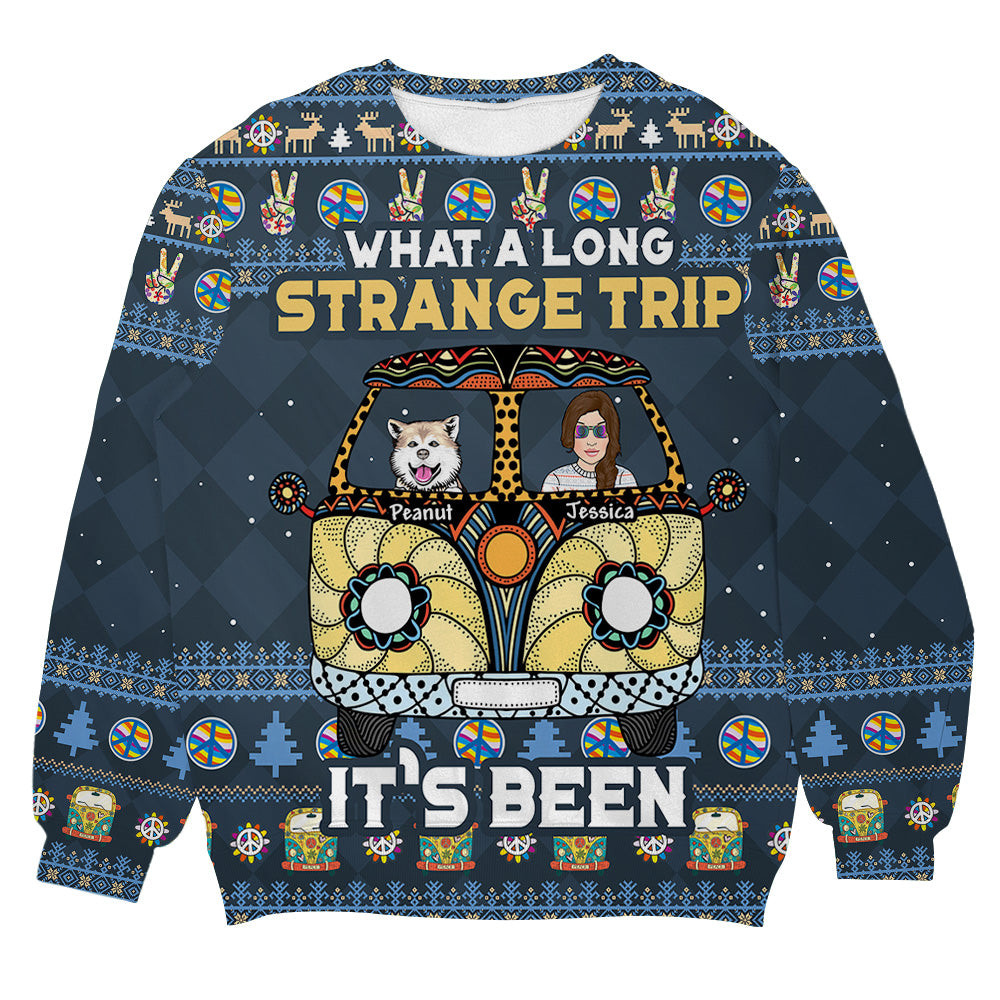 What Long Strange Trip It's Been Hippie Camper Dog Personalizedwitch Christmas Sweater