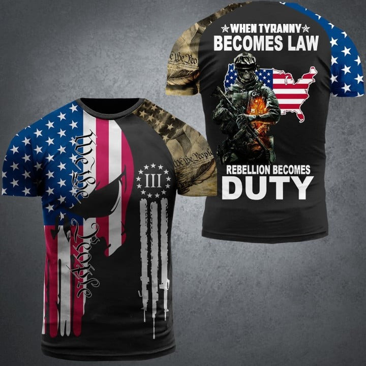 When Tyranny Becomes Law Veteran T-Shirt We The People American Flag Skull Apparel For Veterans