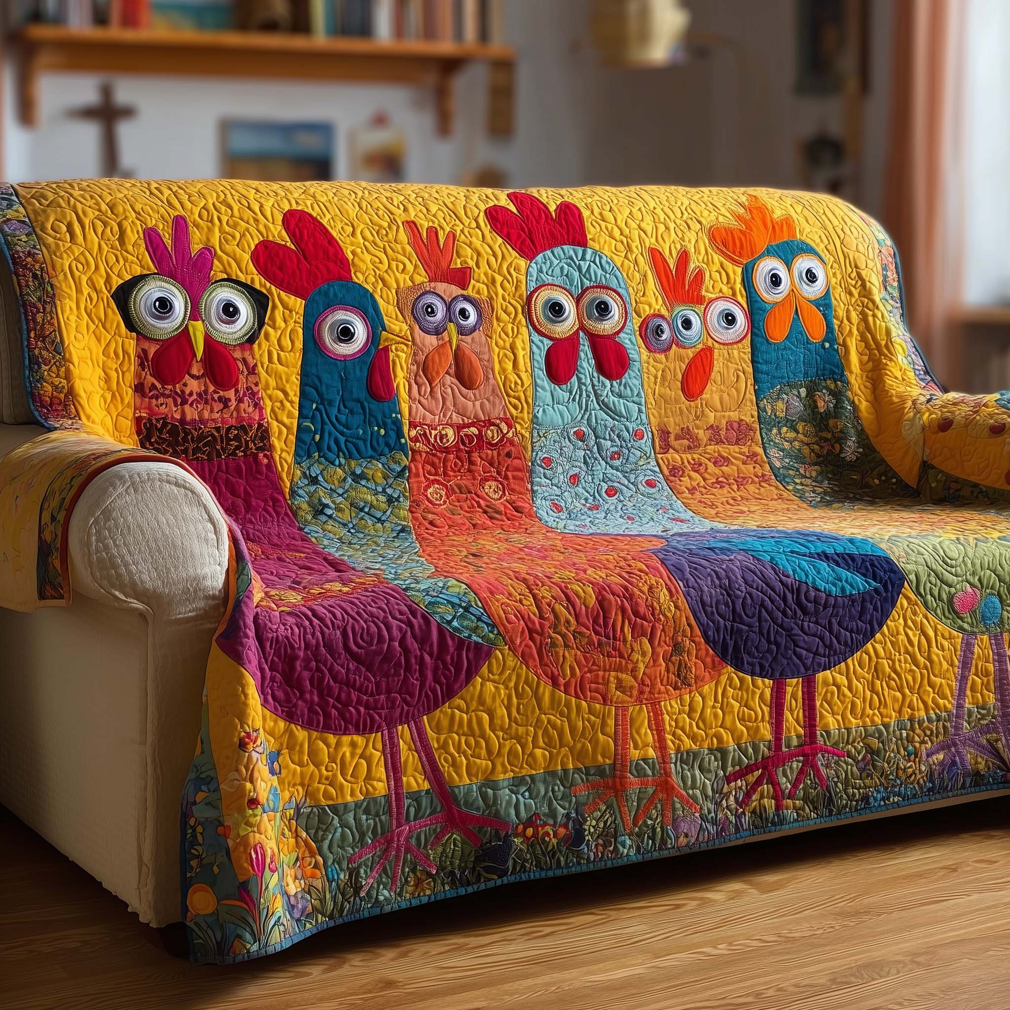 Whimisical Chicken Quilted Sofa Cover Funny Cartoon Motif Best Gifts For Chicken Owners
