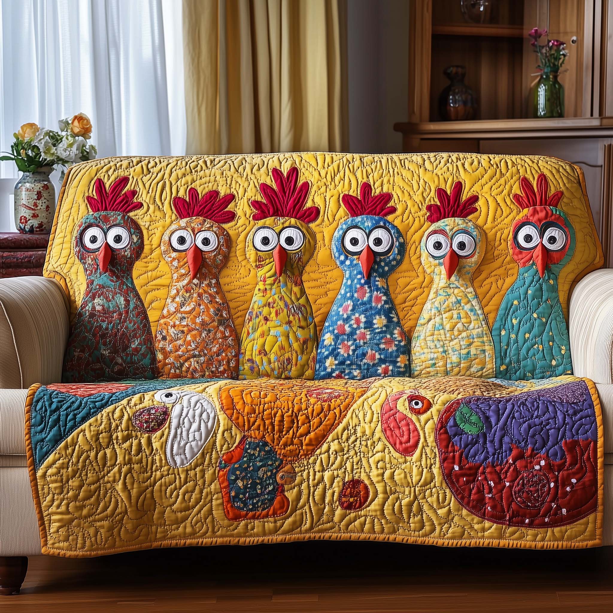 Whimisical Chicken Quilted Sofa Cover Playful Farm Fowl Design Best Gifts For Chicken Owners