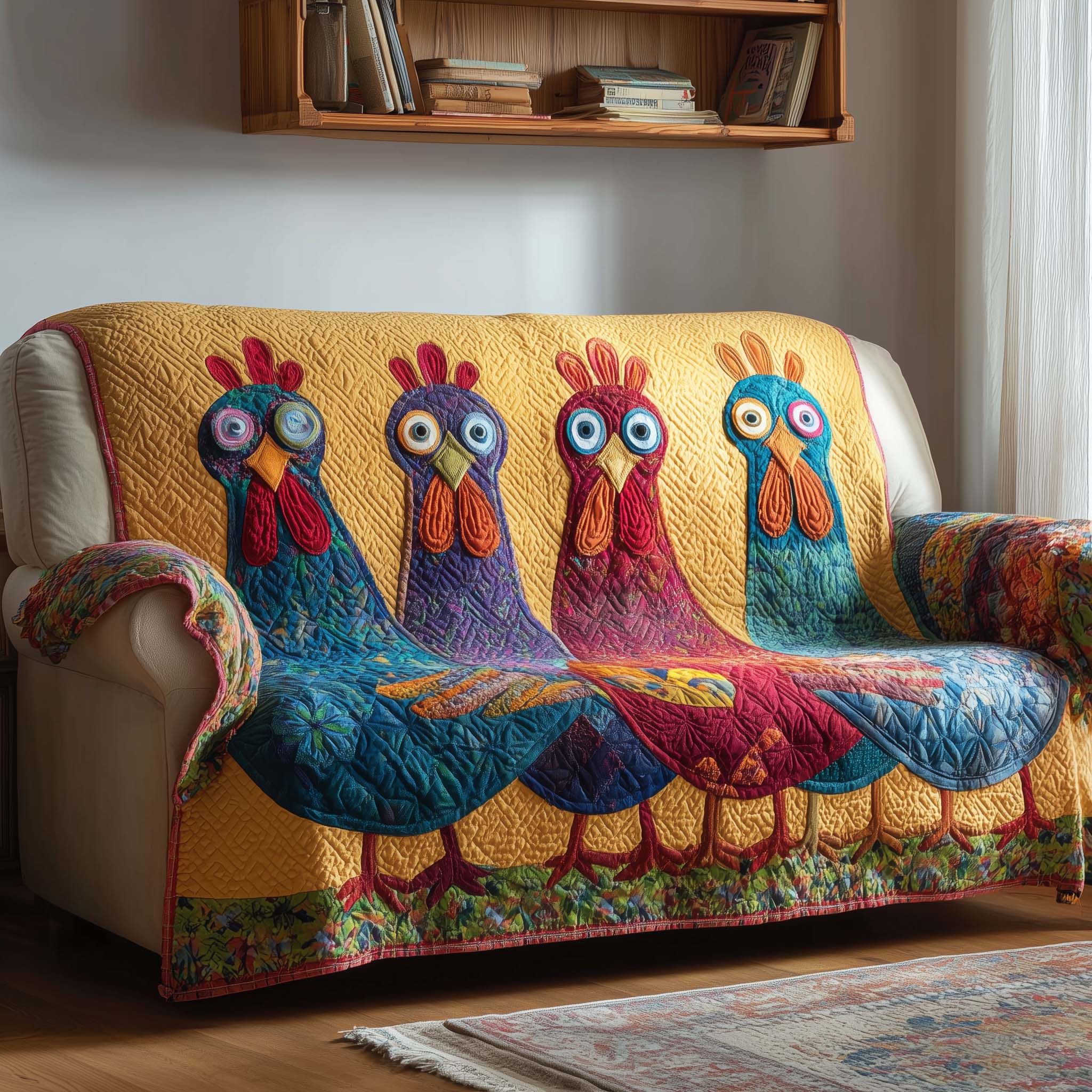 Whimisical Chicken Quilted Sofa Cover Quirky Hen and Rooster Best Gifts For Chicken Owners