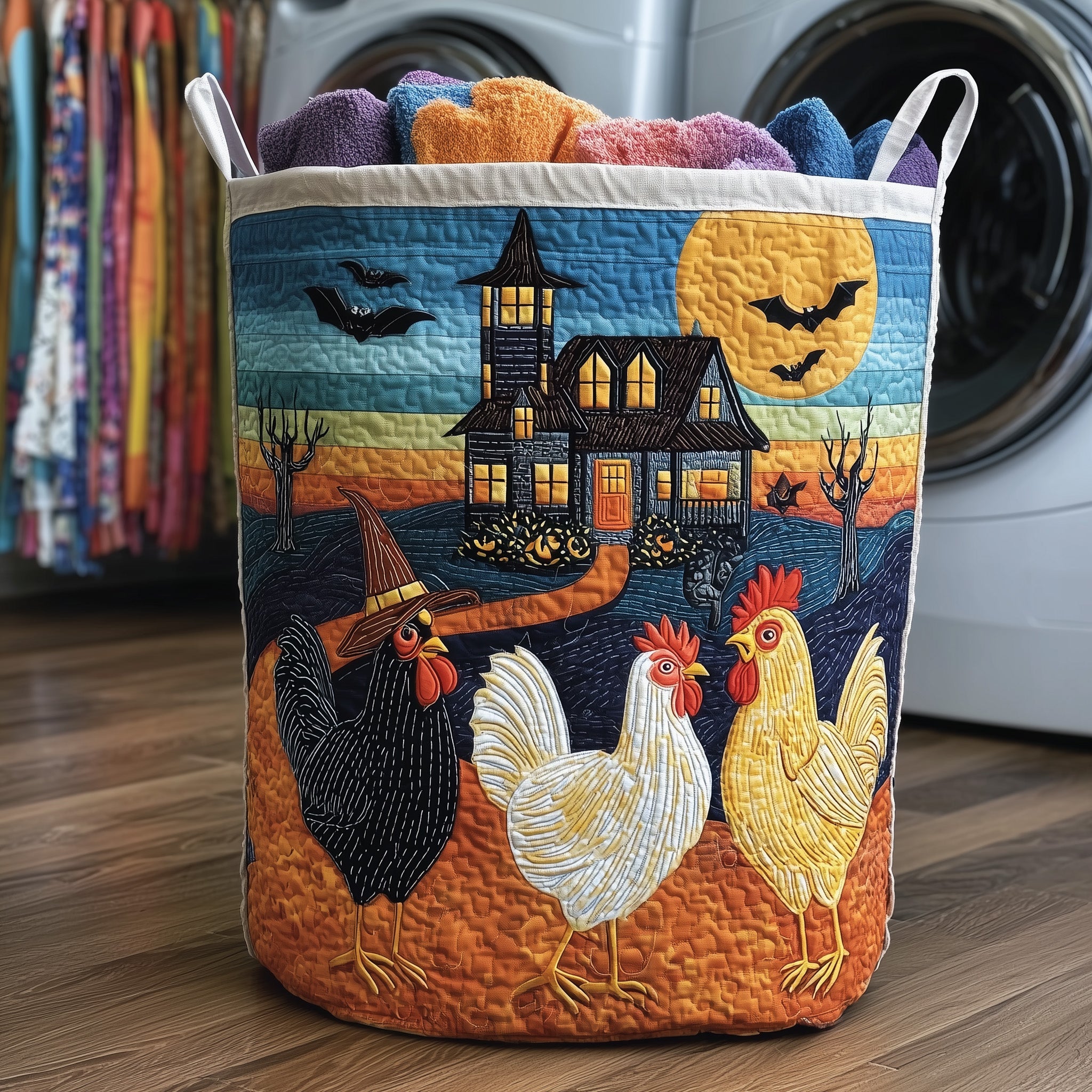 Whimsical Autumn Chicken Quilted Laundry Basket Father's Day Merch Gift