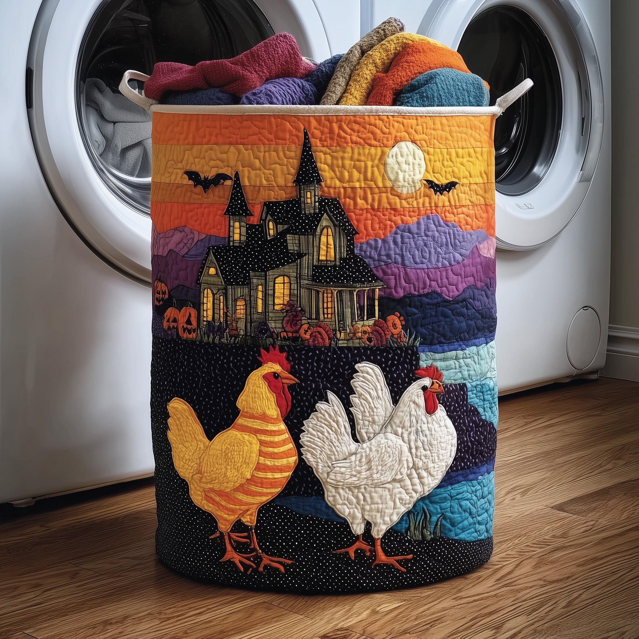 Whimsical Autumn Chicken Quilted Laundry Basket Merch For Dad