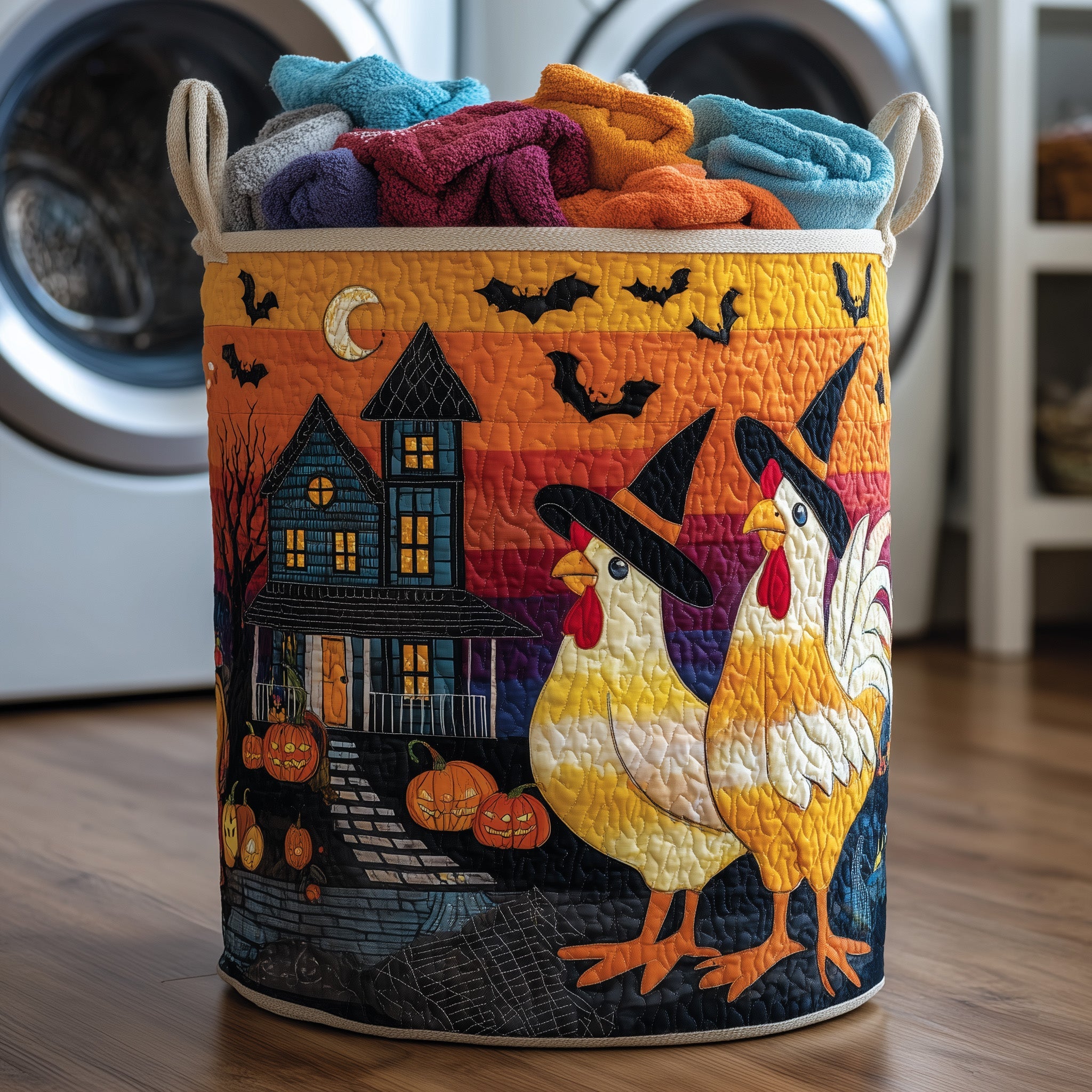 Whimsical Autumn Chicken Quilted Laundry Basket Merch For Friends