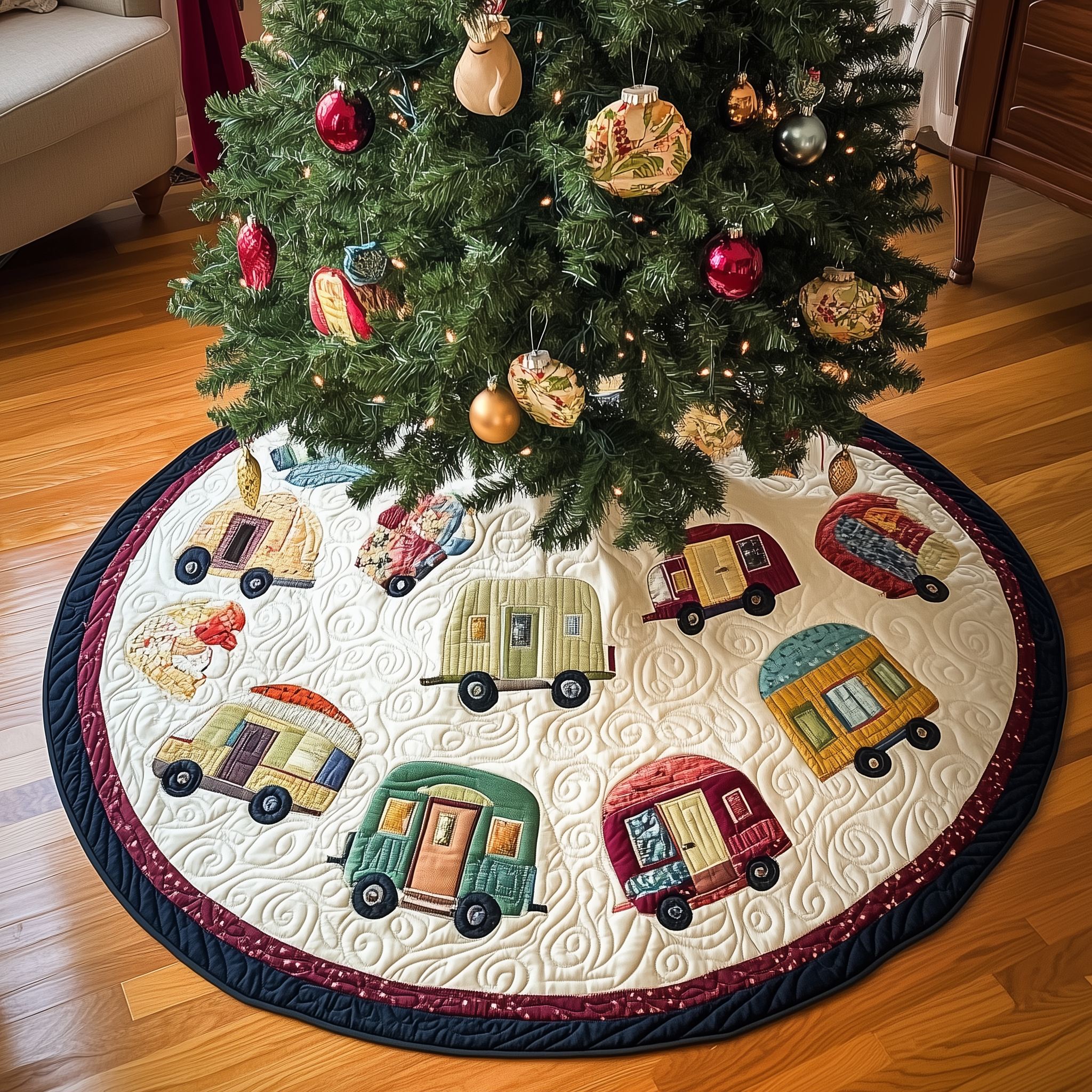 Whimsical Caravans Quilted Tree Skirt Joyful Holiday Season Gift Merch
