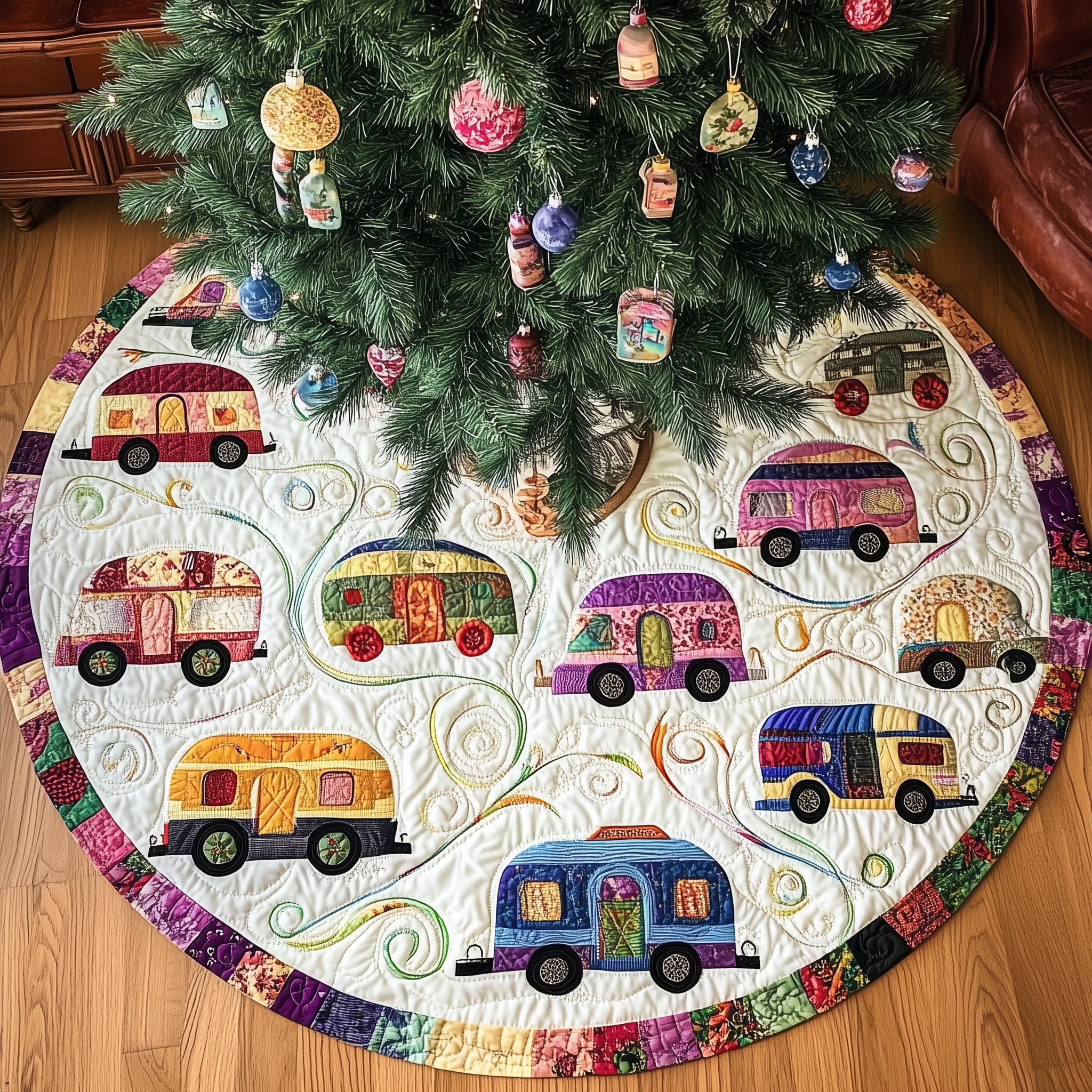 Whimsical Caravans Quilted Tree Skirt Lovely Gift Merch For Couples