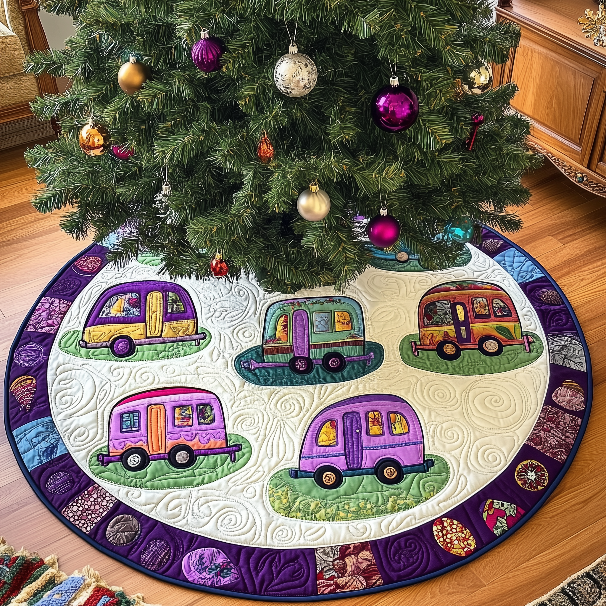 Whimsical Caravans Quilted Tree Skirt Thoughtful Gift Merch For Dad