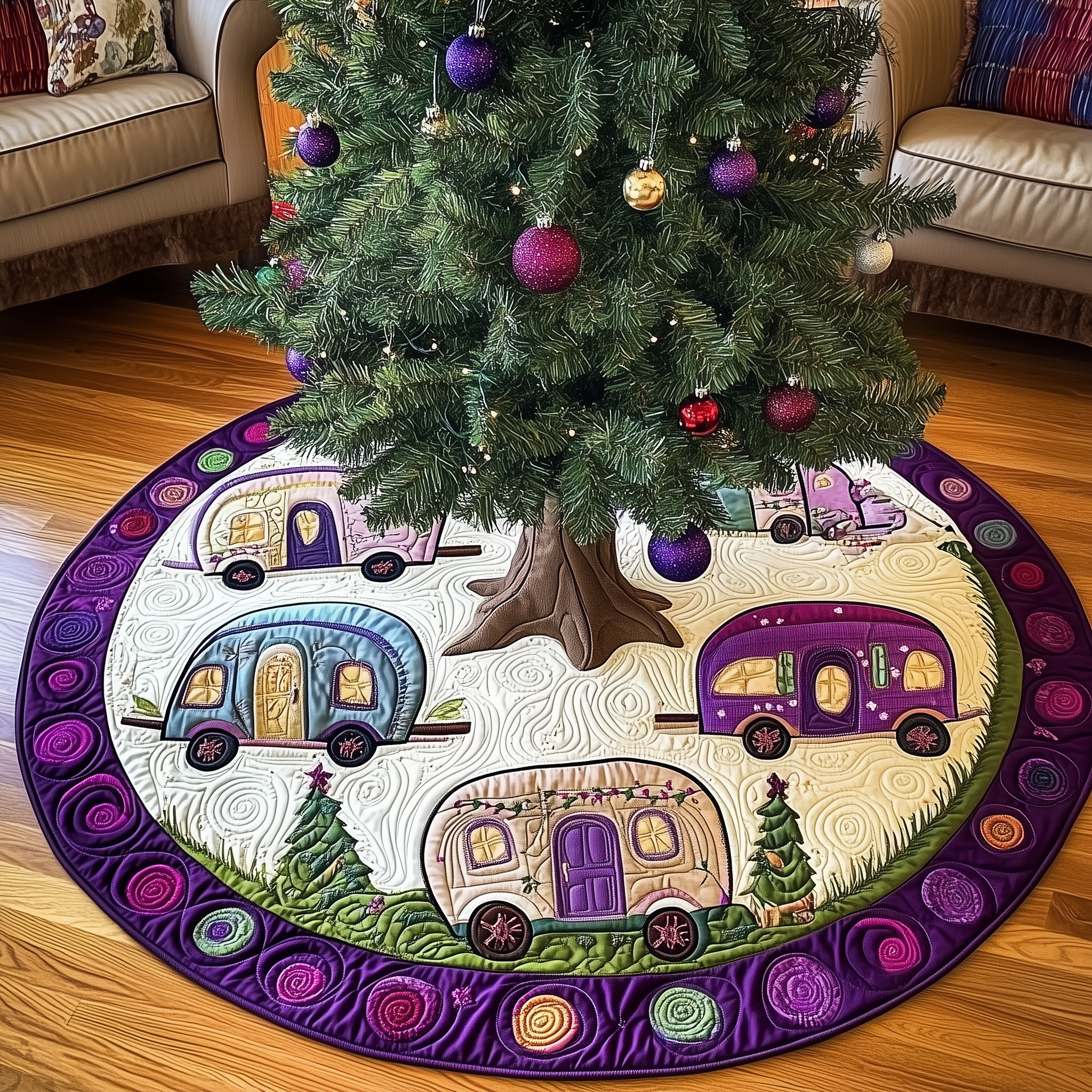 Whimsical Caravans Quilted Tree Skirt Unique Gift Merch For Friends