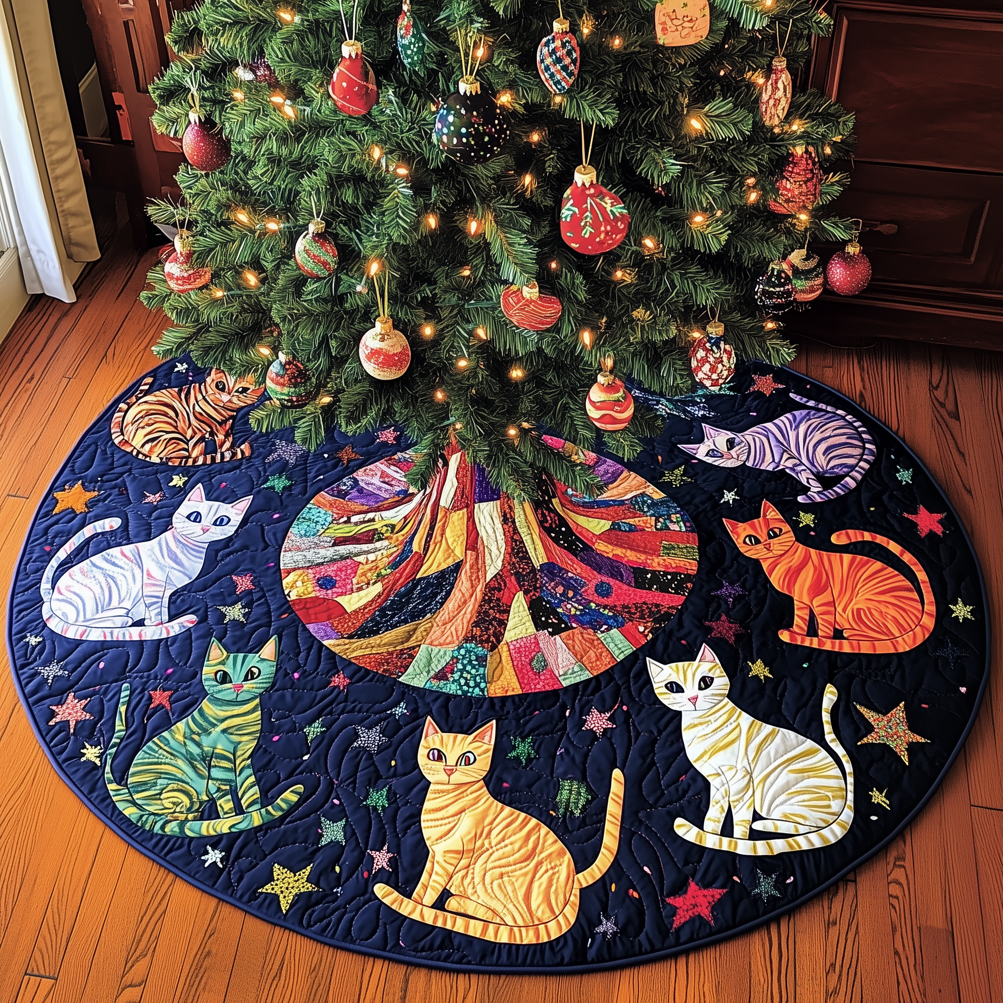Whimsical Cat Christmas Tree Skirt Colorful Quilted Pattern Perfect Holiday Gift
